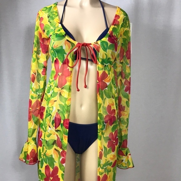 Zuliana Bright Floral Long Ruffle Sleeve Mesh Cover Up Made in USA.New With Tags - Picture 3 of 6